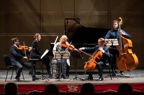 The Triennale jurors perform on competing instruments. Left-right: Edoardo Zosi (violin), Diemut Poppen (viola), Henri Demarquette (cello) and Francesco Siragusa (double bass). Photo: Cristian Chiodelli