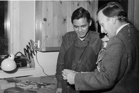 Soroku Murata (left) with Yehudi Menuhin at the Mittenwald School of Violin Making in 1963