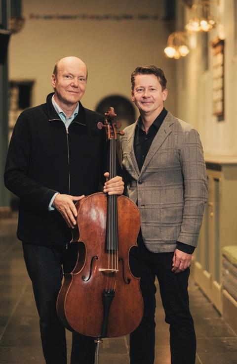 Truls Mørk with the 1727 'Iwasaki' cello and Peter Herresthal, artistic director of the Anders Sveaas Charitable Foundation