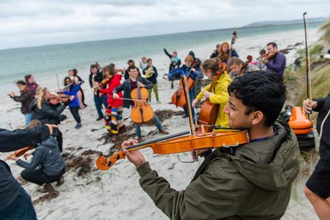 Sagnick and orchestra_ Berneray beach_ credit Tommy Ga-Ken Wan