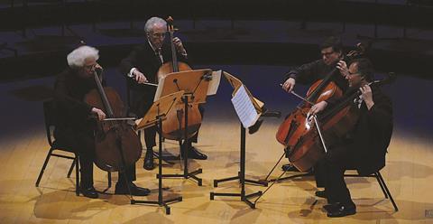 (From left) Laurence Lesser, Nathaniel Rosen, Jeffrey Solow and Raphael Wallfisch perform together