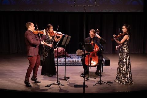 1. Apollo Chamber Players Performance photo Matthew J. Detrick and Anabel Ramirez Detrick, violins; Matthew Dudzik, cello; Aria Cheregosha, viola Credit_ Lynn Lane
