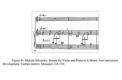 Ex. 4 — Silvansky, Sonata in A minor (1978), first movement, ‘fanfare motive’, bars 118–119