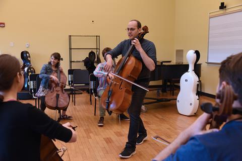 Silkroad's Global Musician Workshop Director Mike Block and participants in 2017 - Photo by Marilyn Culler