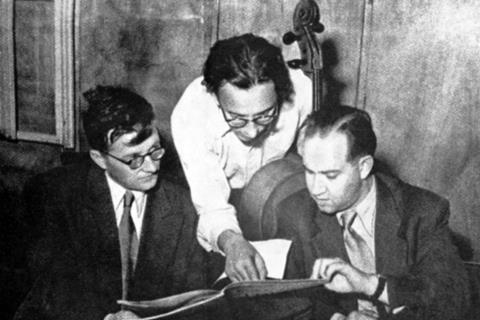 Shostakovich with cellist Miloš Sádlo and violinist David Oistrakh in 1947 - Tully Potter Collection