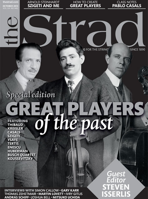 Jacques Thibaud, Fritz Kreisler and Pablo Casals adorn the cover of a special issue celebrating the great players of the past.